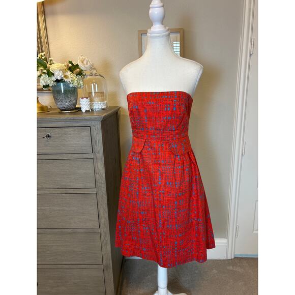 Tabitha by Anthropologie | Crosshatch Strapless Red/Blue Fit & Flare Dress | 6 - Picture 3 of 13